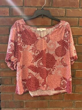 LOFT Rose Pink Paisley V-Neck Short Balloon Sleeve Blouse